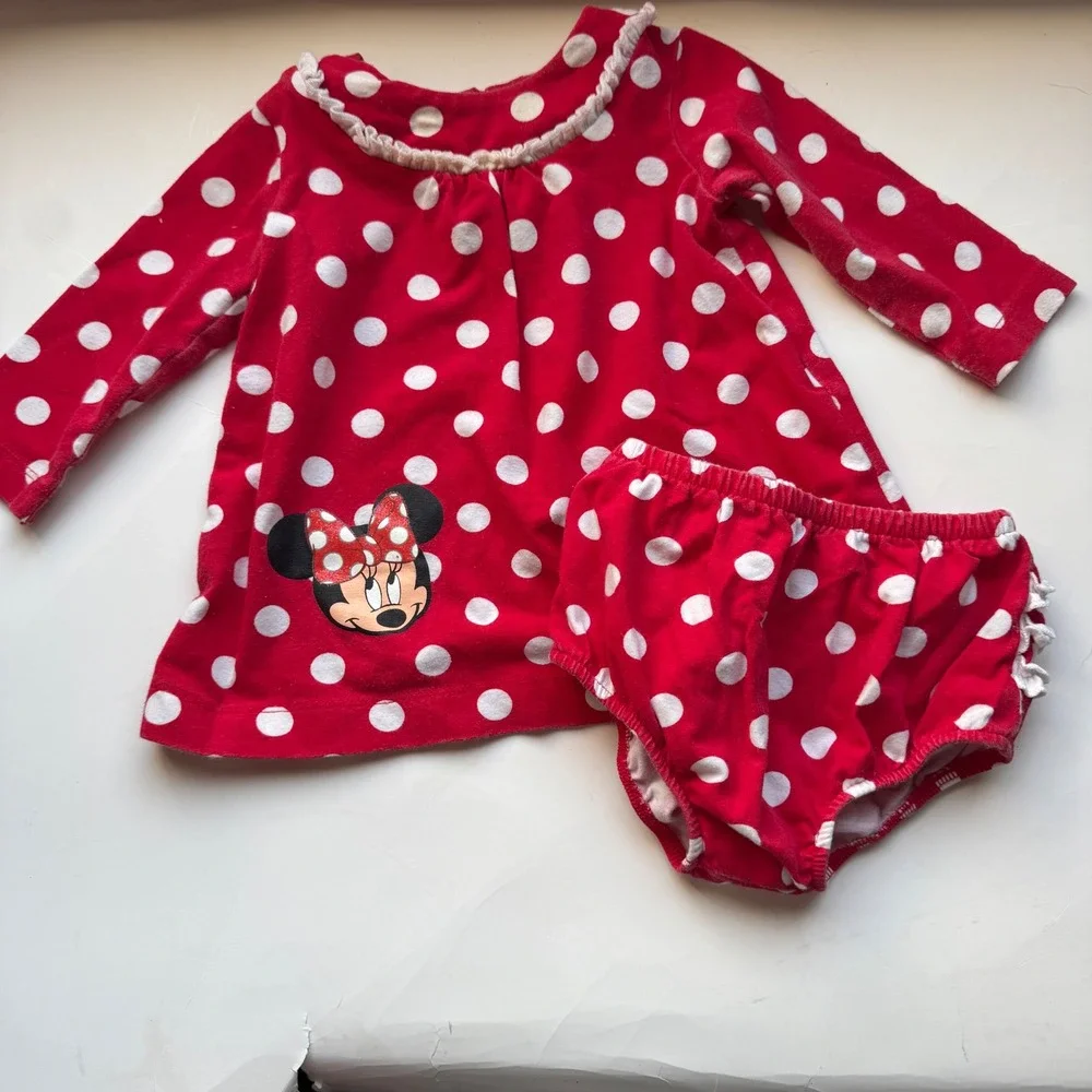 Disney Resort Minnie Mouse Polka Dot Tunic‎ Bloomers Set Baby 6M Red Cotton Y2K